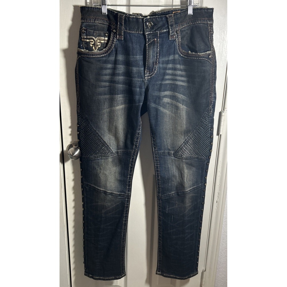 Mens Rock Revival "LAMPSON" Biker Jeans 36x32 Thick Stitch Distressed Dark Wash